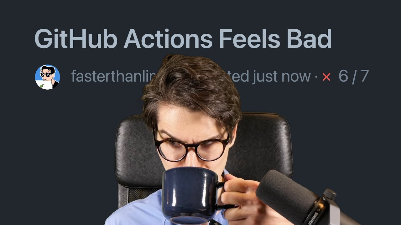 A video thumbnail saying GitHub Actions Feels Bad with amos drinking coffee 